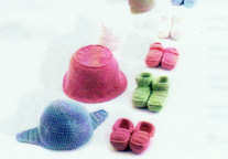 Crochet hats and booties made in wool cotton or acrylic .